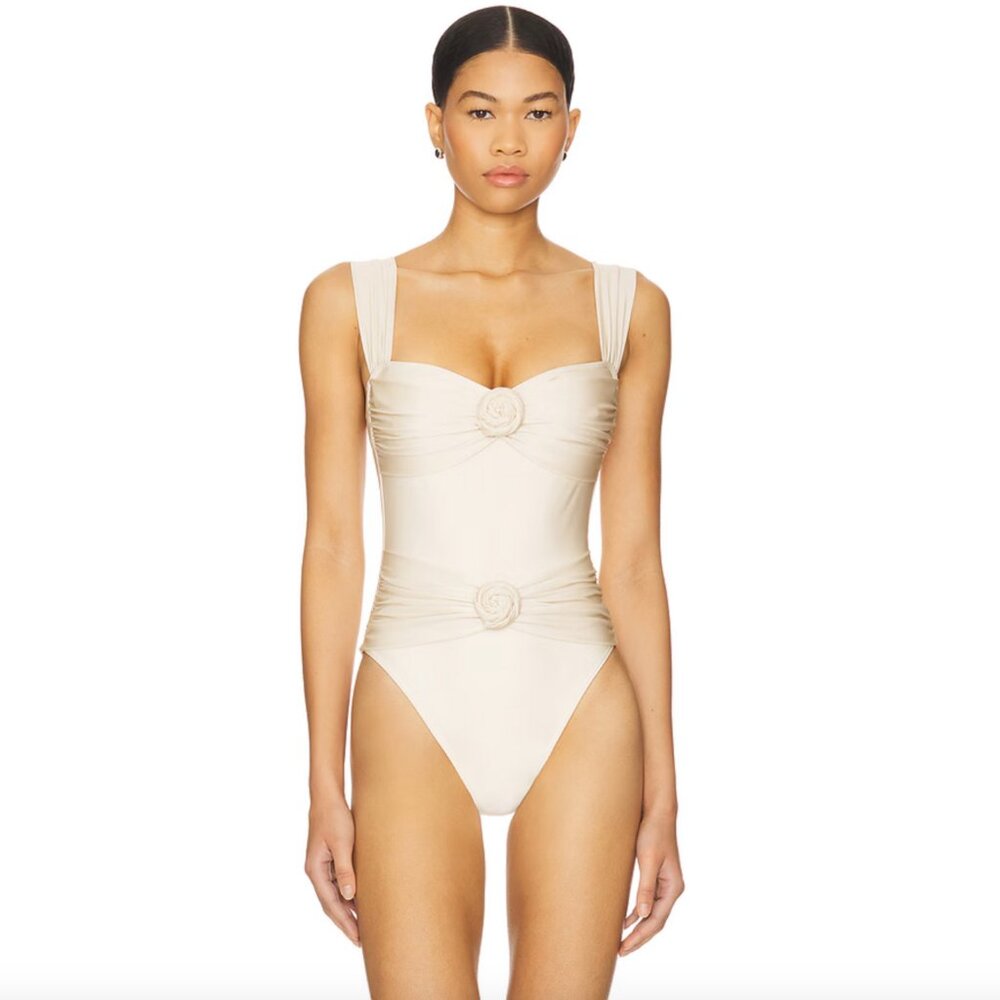NEW Bananhot Marella One Piece Swimsuit in Macadamia Cream White Rosette XS